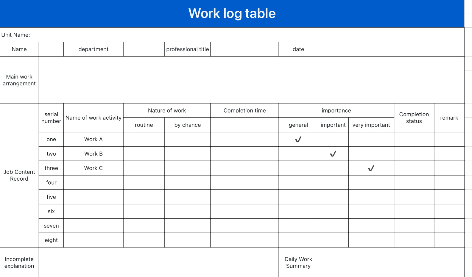 Blue detailed work log table